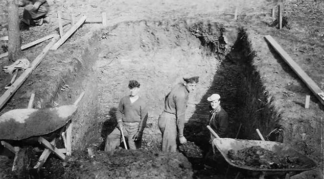 CCC workers dig a cellar for one of the reconstructed log houses at New Salem. There were no earth-moving machines involved in any of the work; all CCC labor was done by hand. - PHOTOS COURTESY LINCOLN’S NEW SALEM STATE HISTORIC SITE