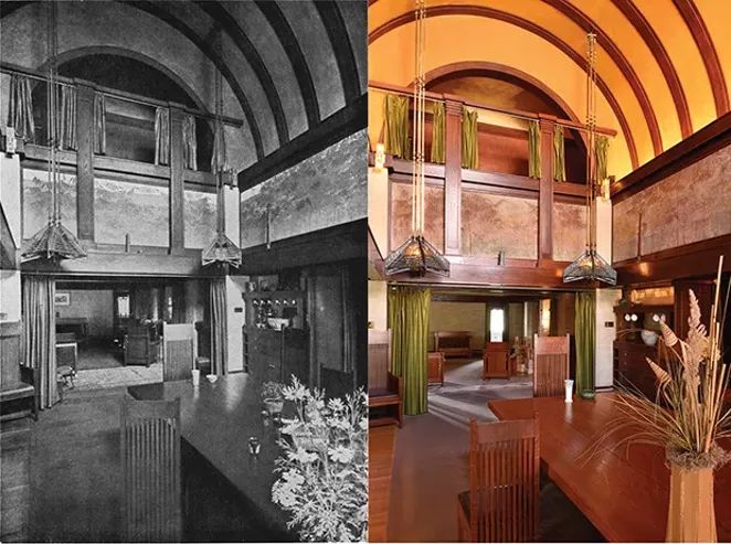 A view of the dining room with the table fully extended and showing the barrel vaulted ceiling and the gallery where musicians often played during Susan Lawrence Dana’s many parties. Left: The same view in 1911. - COLOR PHOTO BY DOUG CARR