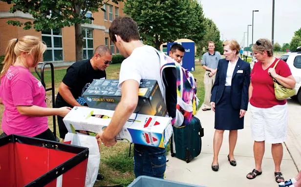 Chancellor Susan Koch meets students as they move onto campus. - PHOTO COURTESY UNIVERSITY OF ILLINOIS AT SPRINGFIELD