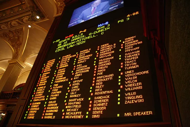 The "score board" in the House shows votes on SB10, the same-sex marriage bill that passed the House today. - PATRICK YEAGLE