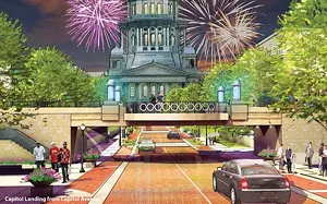 Moving Third Street rail traffic to 10th Street would open the possibility of a bike/hike trail through downtown Springfield, as shown in this conception of the Capitol Ave. overpass. - PHOTO COURTESY RDG PLANNING