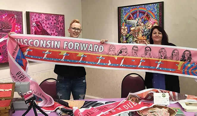 Marilyn Artus, creator of the Her Flag Project to commemorate the 100th anniversary of women gaining the right to vote, left, with Judith Mayer, the Illinois artist who created the stripe representing Illinois.
