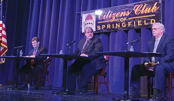Jim Leach of WMAY moderates the discussion between mayoral candidates Jim Langfelder and Frank Edwards at the Feb. 22 forum.