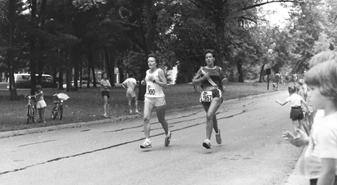 George Anne Daly (left) and Carmen Chapman Pfeiffer (right) at the first Women’s Distance Festival on July 26, 1980, in Washington Park. Carmen placed sixth and George Anne placed seventh overall. - PHOTO COURTESY CARMEN CHAPMAN PFEIFFER
