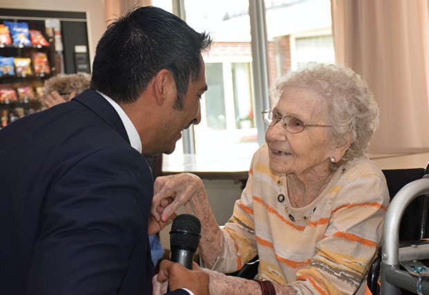 99-year-old Florence Galassi dances with Barrenzuela at Sunny Acres Therapy & Senior Services in Petersburg.