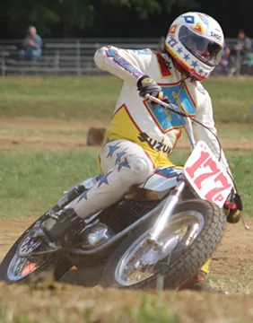 Flat track racer Sam Evans competing on a rare 1970s authentically restored Spanish made, Ossa Stiletto TT. - PHOTO COURTESY LARRY EVANS PHOTOGRAPHY.