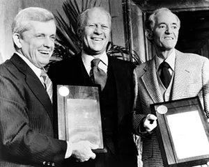 Congressman Paul Findley with Vice President Gerald Ford and Senator Hubert H. Humphrey in December 1974. Plaques commemorate Findley’s and Humprhey's leadership with the Famine Prevention Program.