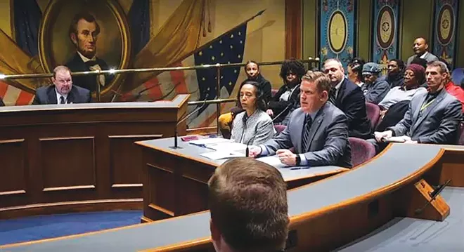 Illinois State Police Director Brendan Kelly and Robin Woolery, the assistant deputy director for ISP’s forensic science department, testify Tuesday before the Senate Public Health Committee in Springfield. The committee met to discuss the state's backlog of untested forensic evidence. - PHOTO COURTESY BLUEROOMSTREAM.COM