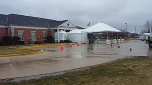 Memorial Health System has opened a drive-through assessment clinic on South Sixth Street, but few patients were evident on Monday afternoon. - PHOTO BY BRUCE RUSHTON
