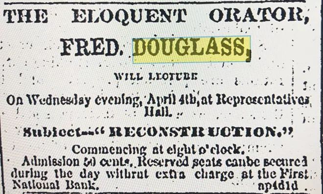 Newspaper ad announced Douglass’ Springfield lecture on April 4, admission 50 cents. - ILLINOIS STATE HISTORICAL SOCIETY