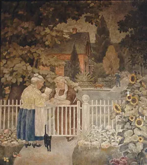 The East Alton post office features “The Letter” mural depicting two neighbors talking over a white picket fence with a mail carrier in the background.