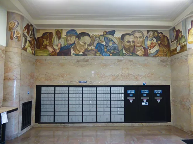 Murals about Illinois history look down on visitors to the downtown Decatur post office. That office has the most Depression-era art of any in Illinois.