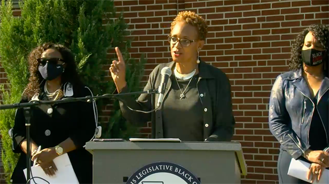 State Rep. Camille Lilly discusses health disparities along racial lines, backed by state Sen. Mattie Hunter and ILBC chair state Sen. Kimberly Lightford. - BLUEROOMSTREAM.COM