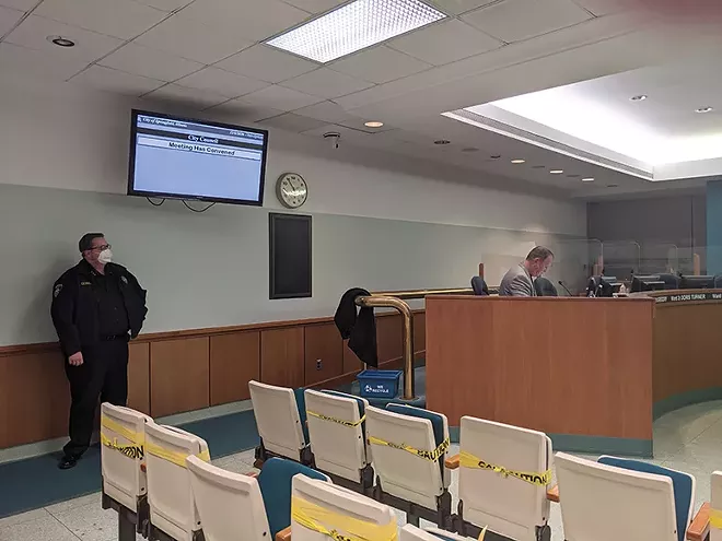 Police chief Kenny Winslow, left, says he'll give Ward 1 Ald. Chuck Redpath, right, a chance to produce a doctor's note before ticketing him for not wearing a mask. - PHOTO BY BRUCE RUSHTON