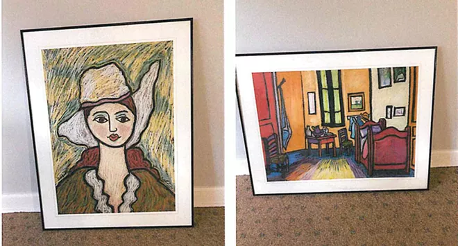 Dozens of paintings by the late folk artist George Colin are stored in August Appleton’s law office. - PHOTO COURTESY OF AUGUST APPLETON