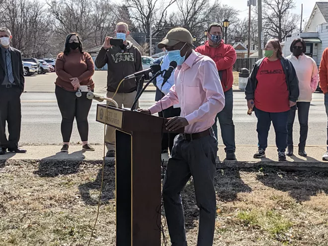 Ward 2 Ald. Shawn Gregory speaks at an anti-violence press conference called one day after he engaged in fisticuffs. - PHOTO BY BRUCE RUSHTON