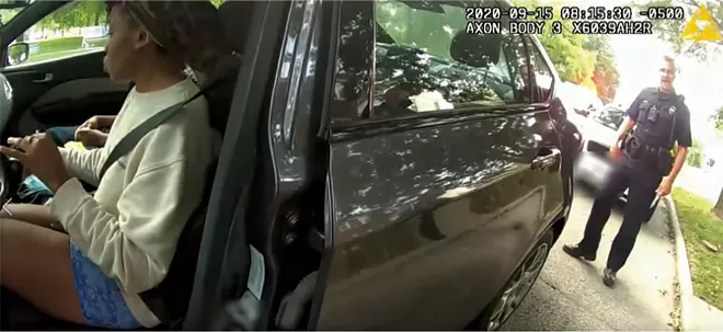 Officer Davis's body camera footage appears to show Officer Warnisher in the background telling Davis to remove Smylie from her car, less than 10 seconds after Davis begins speaking with her. - CREDIT: SPRINGFIELD POLICE DEPARTMENT, SCREENSHOT BY ILLINOIS TIMES