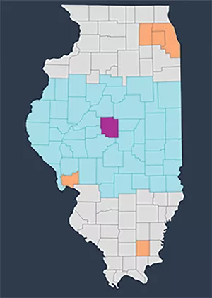 Orange shows locations of existing IDJJ Illinois Youth Centers. Central Illinois counties are in blue. In purple is the location of the proposed Illinois Youthc Center in Lincoln, projected to open in 2023. - INFORMATION: IDJJ/ IMAGE: MADISON ANGELL