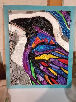 Adena Rivas, director of Creative Reuse Marketplace, makes artwork out of repurposed materials that would otherwise end up in a landfill. - PHOTO BY ADENA RIVAS