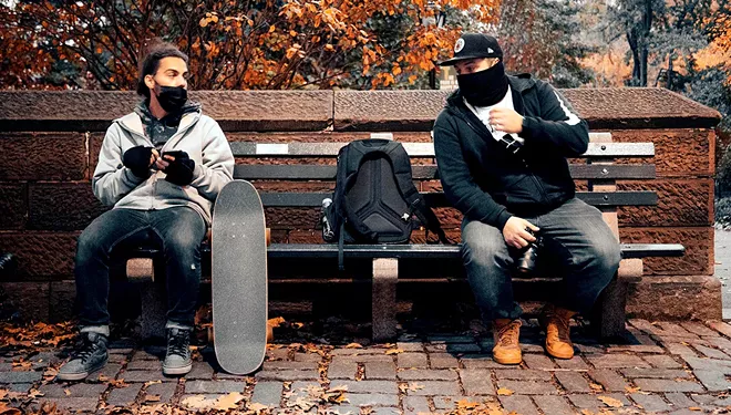 Elijah Settles, left, and Luke Welchel, pause while filming Randall's documentary in NYC in November 2020. - PHOTO BY JONAS SETTLES