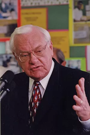 Gov. George Ryan answers questions during a news conference. - COURTESY ABRAHAM LINCOLN PRESIDENTIAL LIBRARY.