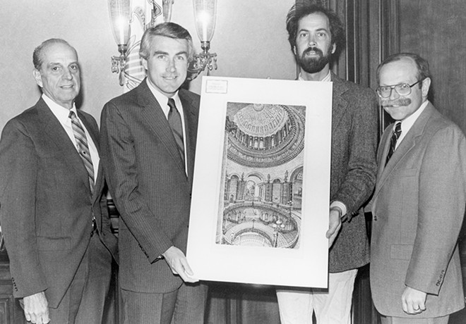 Bob Cook, Gov. Jim Edgar, artist Bill Crook, and Randy Witter with one of the prints sold through the Cook-Witter office. - PHOTOS COURTESY OF RANDY WITTER
