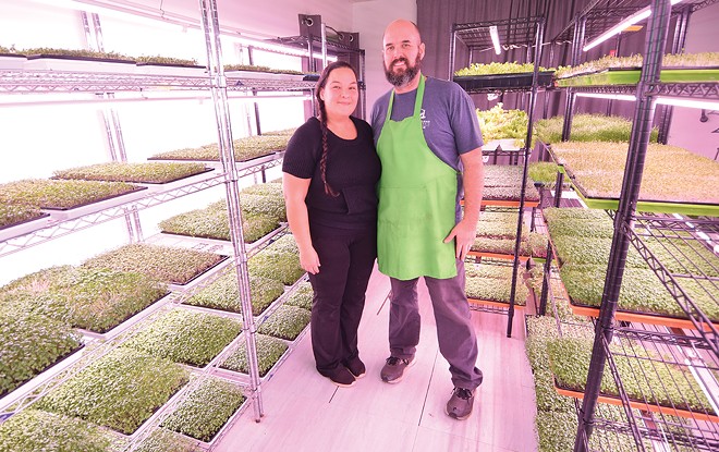 Michael and Jessica Hicks and the microgreens they grow in their home.