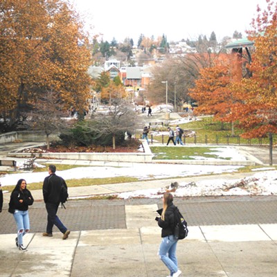 Students back at the University of Idaho greeting others near the front steps of Memorial Gym on the first day of the Spring Semester on Wednesday January 11, 2023.