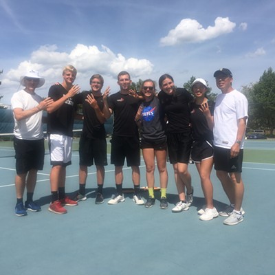 Three Moscow Bears doubles teams finish 4th at the Idaho 4A State Tennis Tournament in Boise on May 19, 2018. Ben Postel, Tia Vierling, Katie Kitchel, Sammy Eng, Nick Kitchel, and Danny Johnson with coaches Rich Gayler and Marshall Eng. Photographer: Carrie Johnson
