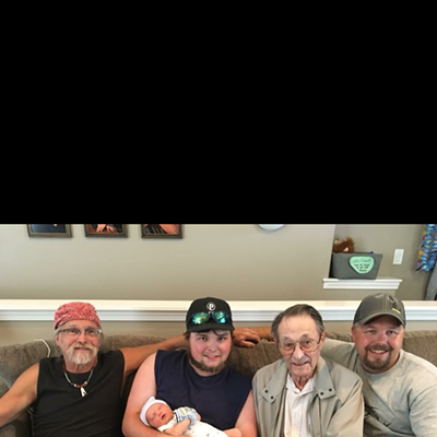 This photo was taken on 6/23/18 at the home of Matthew and Taunia Hosking by Taunia Hosking.
    Left to Right
    D.K Hosking (great grandpa) age 61 from Moscow Idaho, Kevin Hosking (Father of Braxton) age 21 from Lewiston Idaho holding Braxton Hosking (Son to Kevin) 2 days old from Lewiston Idaho, Col. William D. Hosking (Great great grandpa) age 90 from Moscow Idaho, and Matthew Hosking (Grandpa) age 40 from Lewiston Idaho.