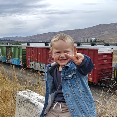 Adrian Green, son of Kasha Farris, grandson of Sandra Slickpoo, great-grandson of Patricia Hutchins, out for a daily walk near the Clearwater River in sim&iacute;inekem (Lewiston, Idaho).