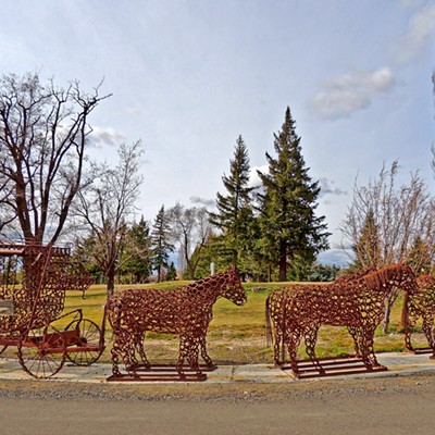 Made entirely out of horseshoes, this sculpture of a stagecoach and a team of horses welcomes visitors at the entrance to Ritzville, WA. The photo was taken by Leif Hoffmann (Clarkston, WA) in the afternoon of March 20, 2022 while visiting the town with family.