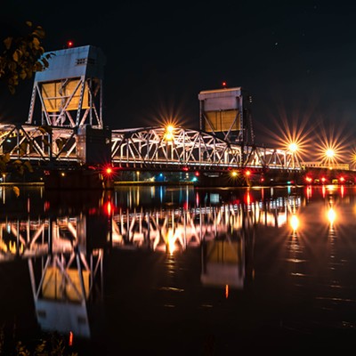 The Blue Bridge as seen from the Snake River in Clarkston, Washington, looking towards Lewiston, Idaho. This photo was taken in early December, 2016, by Max Moore.