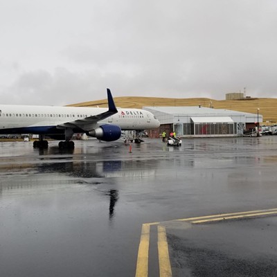 The Delta charter 757 that brought the BYU football team to Pullman for Saturday's game of Cougars vs Cougars