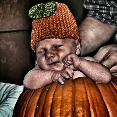 Evan is 2 weeks old. Taken October 25, 2015 Coby Brown & Heather Gillispie are the proud Parents. Taken in Lewiston. Evan was not liking being stuffed into a Pumpkin!;)