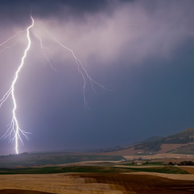 Bolt of lightning recorded from Clear Creek Road, just north of Kamiak Butte, on the evening of May 2, 2023.

1. When: May 2, 2023
2. Where: Clear Creek Road north of Butte
3. Photographer's name: Ken Carper
4. Context: Lightning bolt signaling the coming of a thunderstorm.