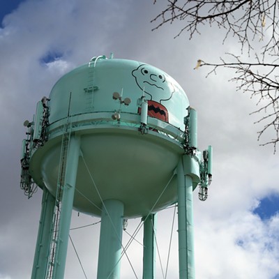 Charlie Brown looks a little bewildered on top of one of Pullman's water towers, but at least he is safe from Lucy up there. Photo taken on March 30, 2019 but Keith Collins at the water tower on Derby Street in Pullman, Washington.
