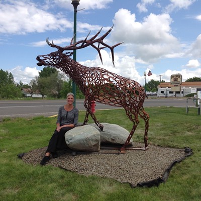 Retired Grangeville dentist Allen Chenoweth and his wife Kim (pictured) commissioned this horseshoe elk sculpture which was installed May 26, 2015 at the entrance to Grangeville. The sculpture was created by Bud Thomas of Philomath, Ore. It contains some 600 recycled horse shoes, weighs about 600 pounds and is powder coated in bronze which makes it shine in the sunlight, according to Kim Chenoweth. She says the couple, "wanted to leave a piece of public art as a legacy to a community that has been good to us."
