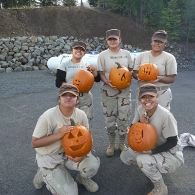 Idaho Youth Challenge Cadets (counter-clockwise from left ) Jazmin Alarcon, Yessica Garcia, Jennifer DeHoyos, Erica Arredondo, and Alena Isaac show off their Jack-o-Lanterns at the IDYCA campus in Pierce a week before Halloween. Photo by Holly Spencer