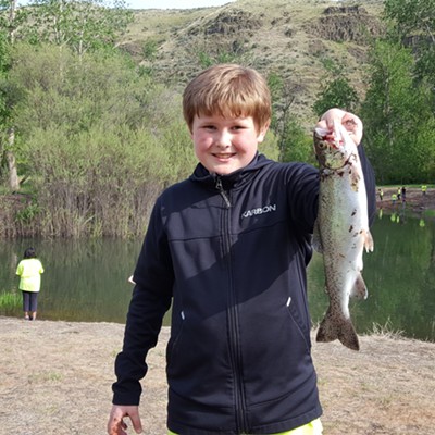 On May 3, the Webster Elementary Fishing Club visited Head Gate Pond near Asotin. Joey Church, age 10, caught a 13-inch Rainbow Trout. This fish earned him a trophy for the biggest fish on the trip. His parents at Alex and Jeane Church. Photo taken by Thomas O'Brien of Lewiston.