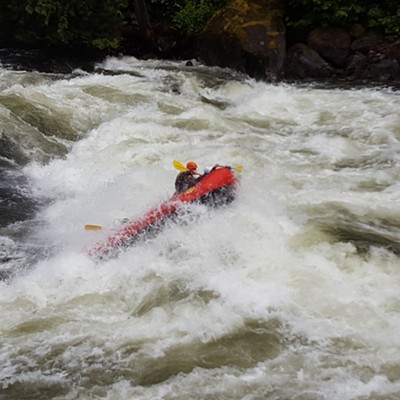 National Outdoor Leadership School instructors were training on the Lochsa River May 31st with small rafts and kayaks when no one else was attempting the ultra-high water. I happened to see this on my way to Lolo Pass and took the photo.
    
    Date: May 31, 2018
    Location: Lochsa River at "Lochsa Falls" east of confluence with Selway River
    Photographer: Nan Vance