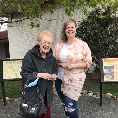 Iola Hatley, 98, wife of the late George B. Hatley, revisits the Appaloosa Museum & Heritage Center and poses outside with its executive director, Crystal White, of Lapwai. Hatley was excited to see the expanding outdoor garden created in the configuration of the Nez Perce Trail,  even on a windy April morning. The Appaloosa was adopted as Idaho’s official state horse in 1975 because of its association to Idaho history.