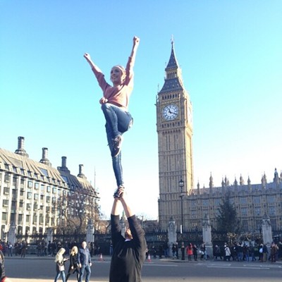 Aiden Barnhart, 15, of Moscow, is held in a "Liberty" by Max Anderson, 17, of Lewiston, on New Year's Eve on the north end of the Palace of Westminster in London, England. The photo was taken by Moscow's Karson Jensen, 15. The trio of &nbsp;cheerleaders, all Universal Cheerleading Association All Americans, were invited to tour London for the last week of December with other athletes that had been chosen as all-Americans&nbsp;in summer, 2015. The London tour ended with a performance in the New Year's Day Parade.