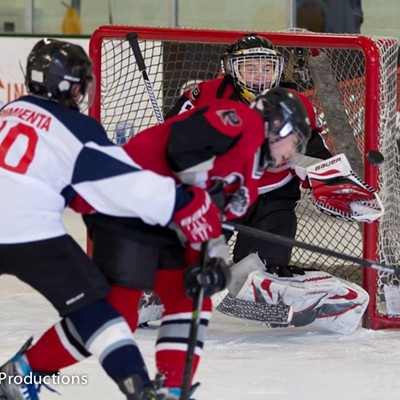 The Moscow Bears Black Peewees hockey team battled the &nbsp;Lewiston Peewees on Feb. 21 at the McCall Peewee Icebreaker Tournament in McCall, Idaho. Pictured are Joel Pimienta (No. 10) of Moscow playing for Lewiston, defender Addison Bollinger of Moscow playing for Moscow Bears Black team, and goalie&nbsp;Nick Robison of Pullman. The photo was taken by UltraNerd Productions owned by Leslie and Barrie Robison of Pullman, and submitted by Anna Lim Mikkelsen of Moscow.