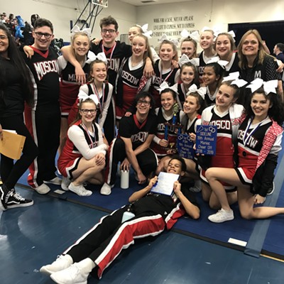 Moscow High Cheerleaders celebrate winning their third Grand Championship on Saturday, February 9th at the Maniac Cheer-Off at Orofino High School. They will compete on Saturday, February 23 against Sandpoint and Lakeland for the District 2 State Qualifier. Photo by Tiffany L Scripter.