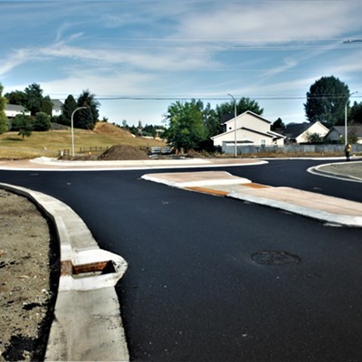 The paving for the Mountain View Road project in Moscow is nearly complete.  This is the new roundabout at the 6th Street and Mountain View Road intersection.  Concrete sidewalks and the 6th Street bridge over Paradise Creek still have to be completed yet.  9-23-22  Courtesy of Keith Gunther.