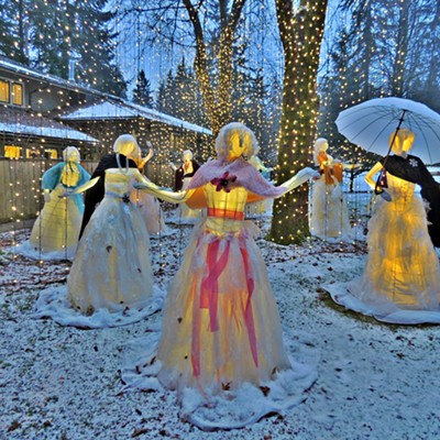 This photo of dancing ladies was taken by Leif Hoffmann during a visit with family to the Burnaby Village Museum near Vancouver, BC, on December 27, 2017. The open-air museum had displays following the theme of the "Twelve Days of Christmas" during the winter season.