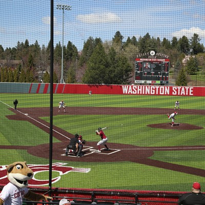 It is a crisp sunny day on the Palouse, a colorful baseball diamond beckons, the pitch is on its way, 'Butch' is in the stands, and the Cougs win a home game against Santa Clara University 5-0 on a combined no-hitter by the pitching staff. Photo taken on Sunday, April 22, 2018 by Keith Collins.