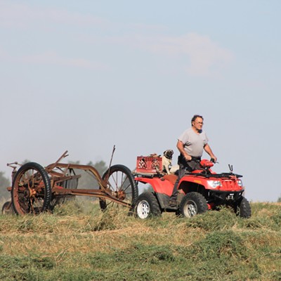 Princeton man raking his hay with the help of his pup. Taken on Aug. 24, 2016, by Edie Simons