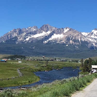 Sawtooth Mountains view from a geocache site on Hwy 21 south of Stanley.
    June 26, 2018. Mike Warnock.